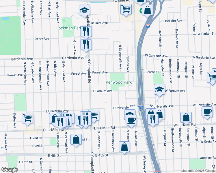 map of restaurants, bars, coffee shops, grocery stores, and more near 612 North Dorchester Avenue in Royal Oak