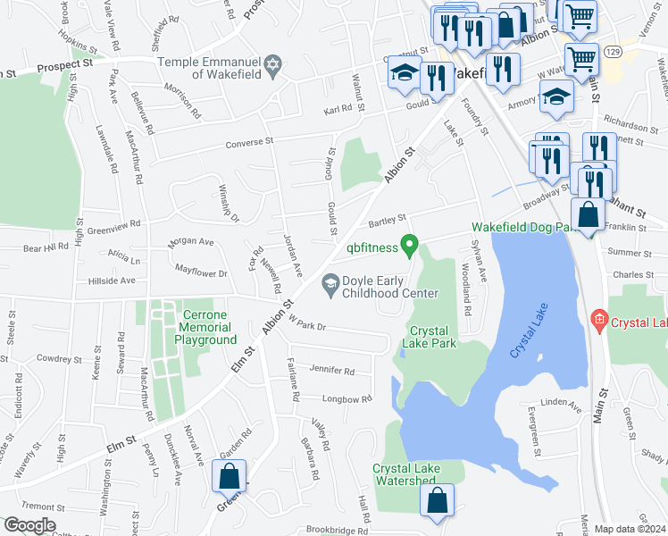map of restaurants, bars, coffee shops, grocery stores, and more near 214 Broadway Street in Wakefield