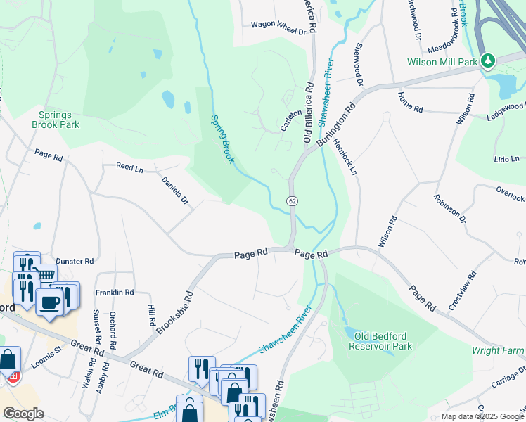map of restaurants, bars, coffee shops, grocery stores, and more near 14 Old Billerica Road in Bedford