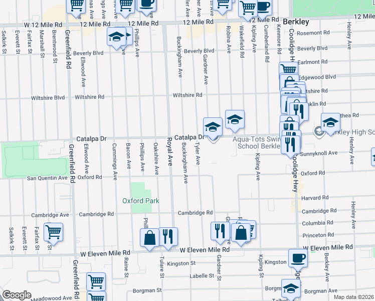 map of restaurants, bars, coffee shops, grocery stores, and more near 2460 Buckingham Avenue in Berkley