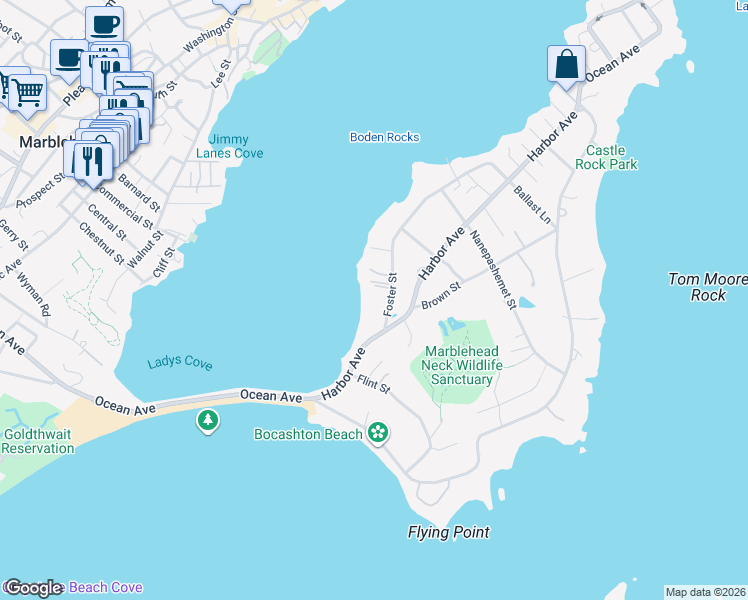 map of restaurants, bars, coffee shops, grocery stores, and more near 6 Foster Street in Marblehead