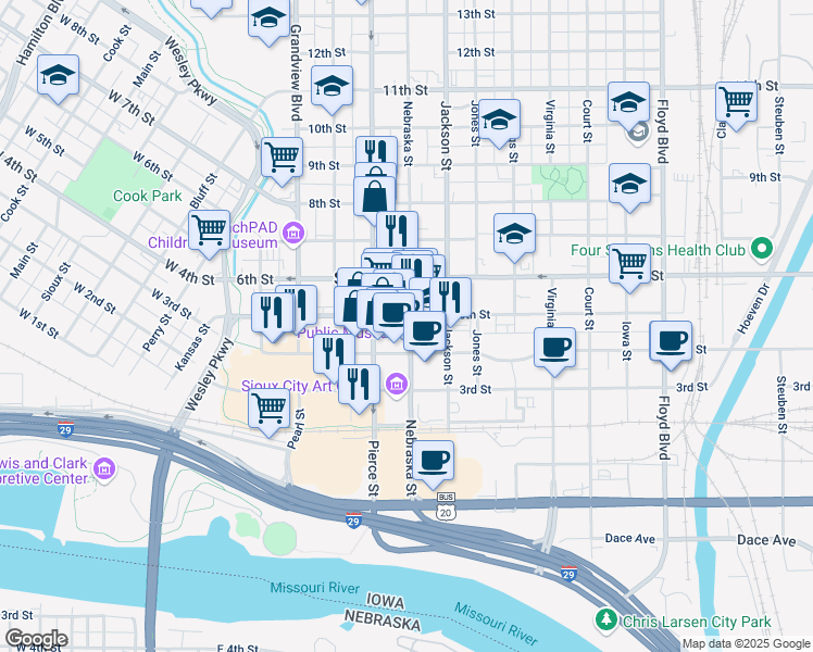 map of restaurants, bars, coffee shops, grocery stores, and more near 417 Nebraska Street in Sioux City