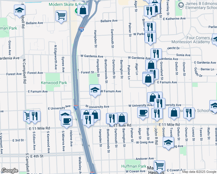 map of restaurants, bars, coffee shops, grocery stores, and more near 27626 Brettonwoods Street in Madison Heights