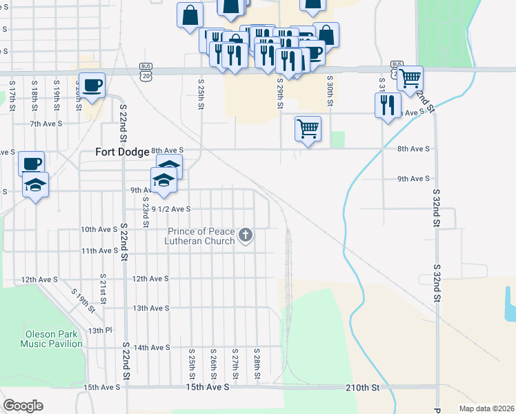 map of restaurants, bars, coffee shops, grocery stores, and more near 925 South 28th Street in Fort Dodge