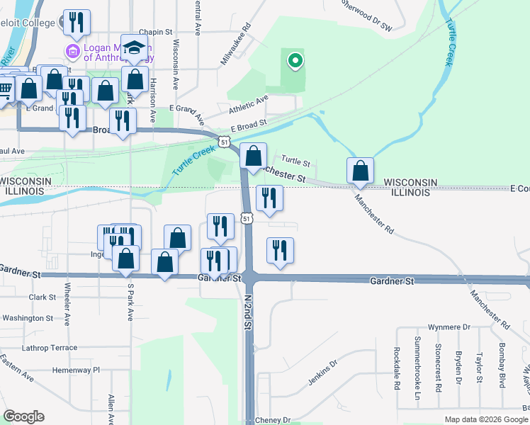 map of restaurants, bars, coffee shops, grocery stores, and more near 1403 Pate Plaza Dr in South Beloit