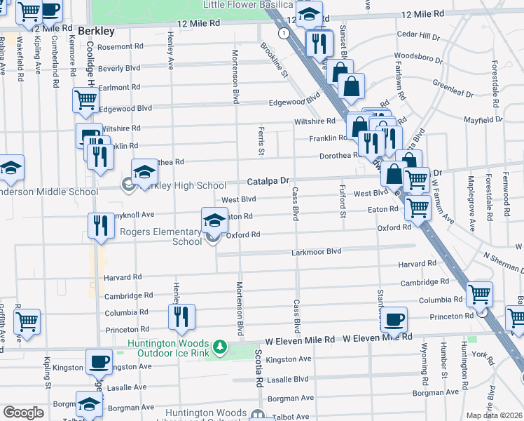 map of restaurants, bars, coffee shops, grocery stores, and more near 1674 Eaton Road in Berkley