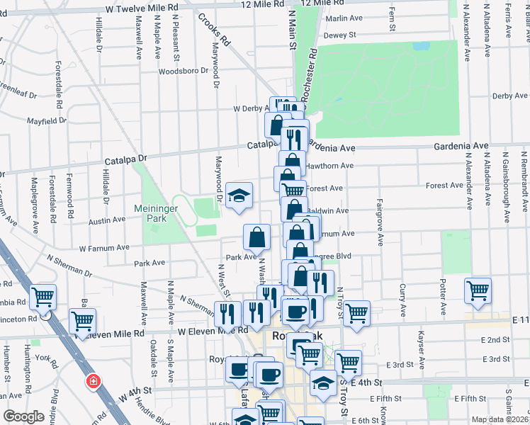 map of restaurants, bars, coffee shops, grocery stores, and more near 712 North Washington Avenue in Royal Oak