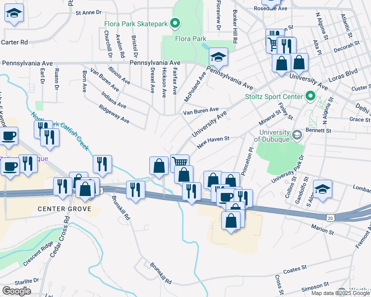 map of restaurants, bars, coffee shops, grocery stores, and more near 2758 University Avenue in Dubuque
