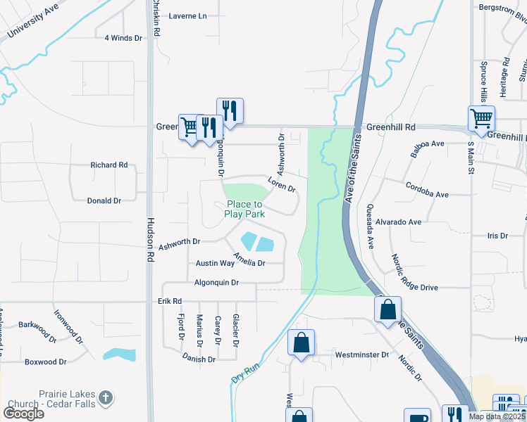 map of restaurants, bars, coffee shops, grocery stores, and more near 4748 Loren Drive in Cedar Falls