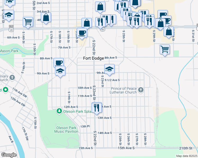 map of restaurants, bars, coffee shops, grocery stores, and more near 2220 9 1/2 Avenue South in Fort Dodge