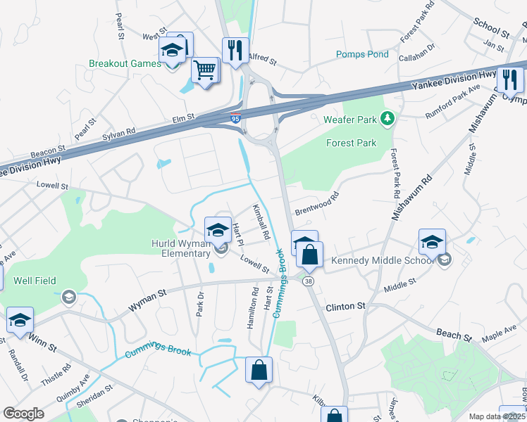 map of restaurants, bars, coffee shops, grocery stores, and more near 6 Kimball Road in Woburn