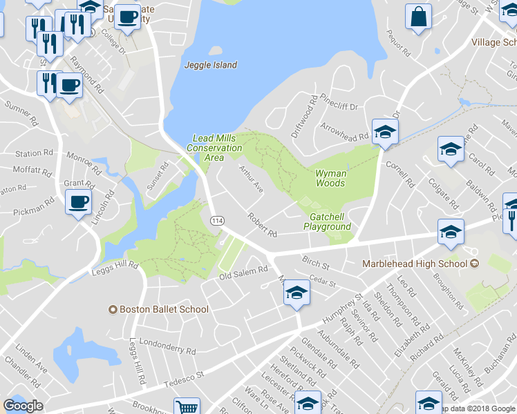 map of restaurants, bars, coffee shops, grocery stores, and more near 7 Arthur Avenue in Marblehead