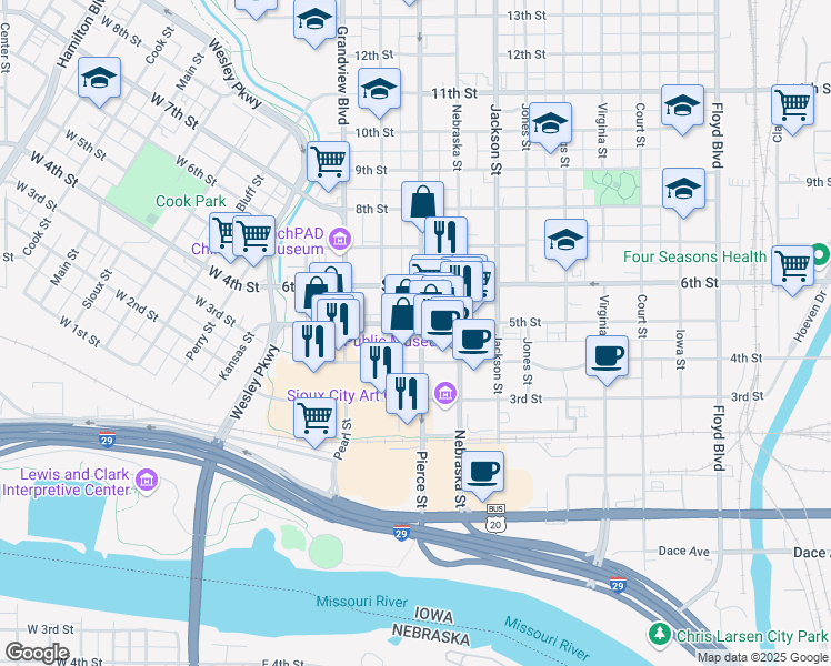 map of restaurants, bars, coffee shops, grocery stores, and more near 421 Pierce Street in Sioux City