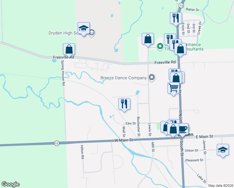 map of restaurants, bars, coffee shops, grocery stores, and more near 28 Greystone Dr in Dryden