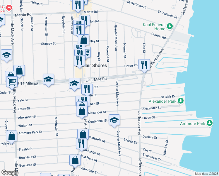 map of restaurants, bars, coffee shops, grocery stores, and more near 22020 Cedar Street in St. Clair Shores