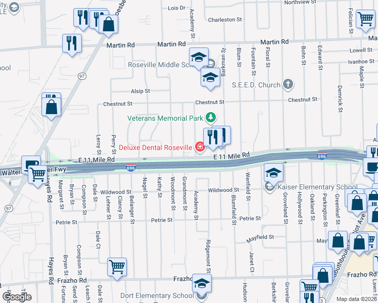 map of restaurants, bars, coffee shops, grocery stores, and more near 27060 Grandmont St in Roseville