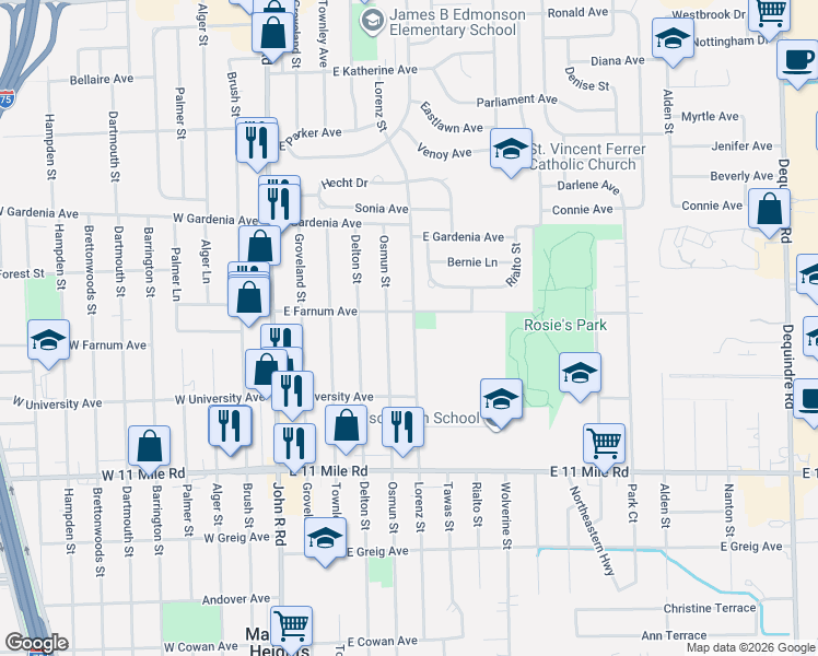 map of restaurants, bars, coffee shops, grocery stores, and more near 27445 Lorenz Street in Madison Heights