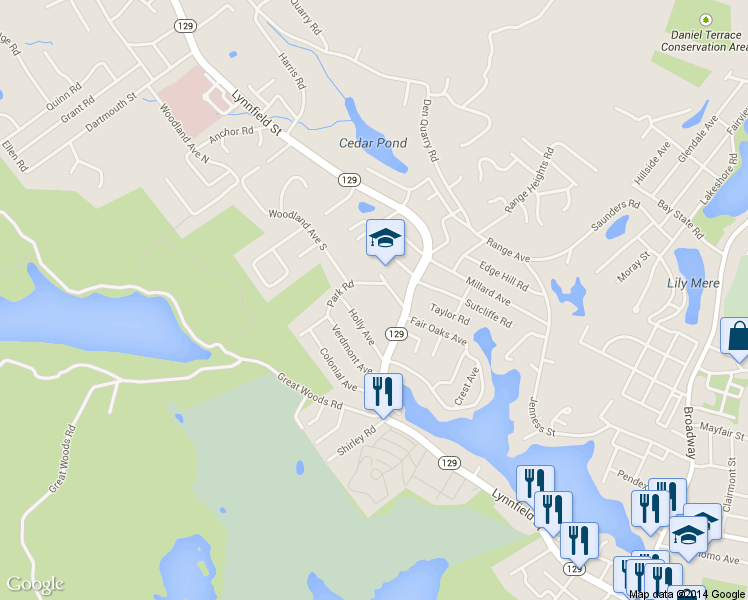 map of restaurants, bars, coffee shops, grocery stores, and more near 84 Park Rd in Lynn