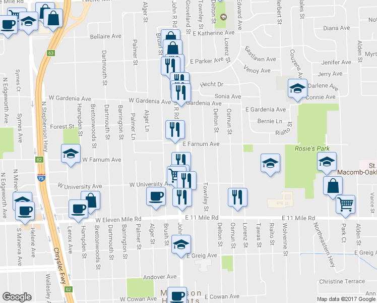 map of restaurants, bars, coffee shops, grocery stores, and more near 27439 Groveland Street in Madison Heights