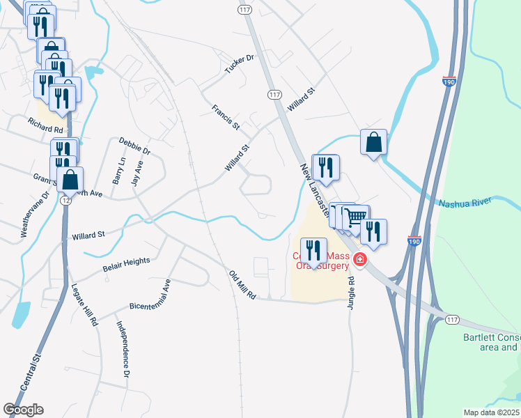 map of restaurants, bars, coffee shops, grocery stores, and more near 165 Bayberry Hill Lane in Leominster