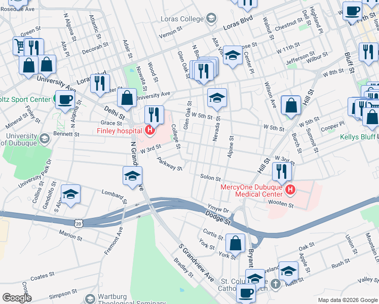 map of restaurants, bars, coffee shops, grocery stores, and more near 251 North Booth Street in Dubuque