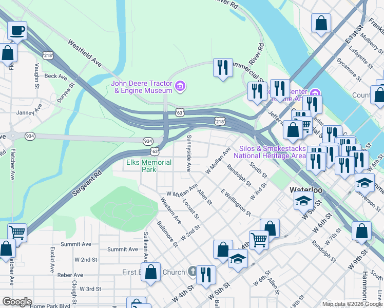map of restaurants, bars, coffee shops, grocery stores, and more near 222 Randall Street in Waterloo