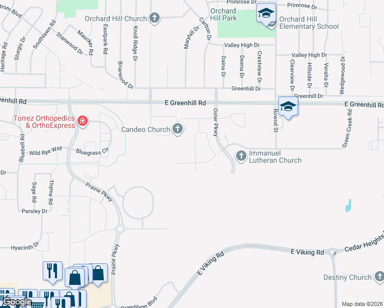 map of restaurants, bars, coffee shops, grocery stores, and more near 1405 Greenhill Road in Cedar Falls