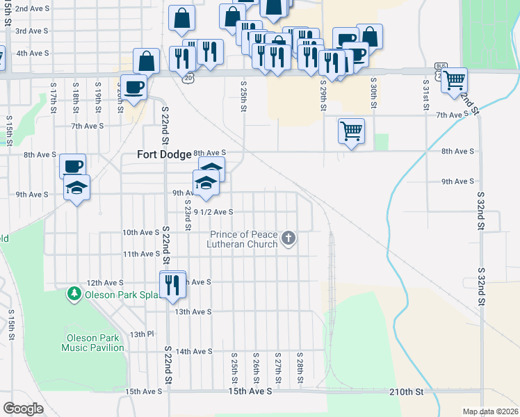 map of restaurants, bars, coffee shops, grocery stores, and more near 922 S 26th St in Fort Dodge