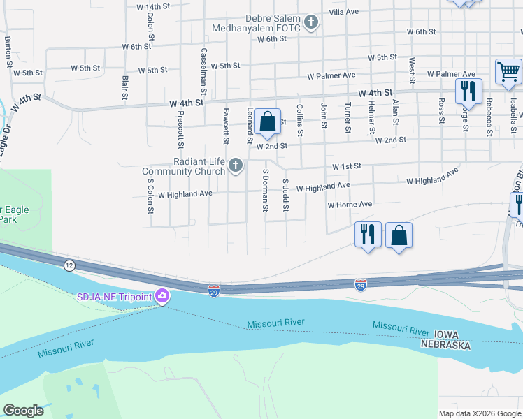 map of restaurants, bars, coffee shops, grocery stores, and more near 201-299 South Dorman Street in Sioux City