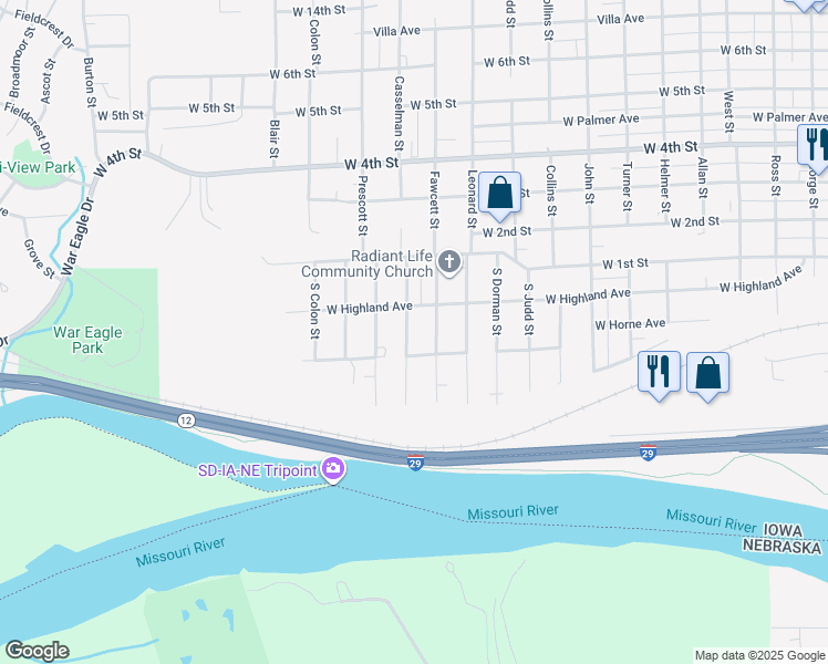 map of restaurants, bars, coffee shops, grocery stores, and more near 220 South Casselman Street in Sioux City