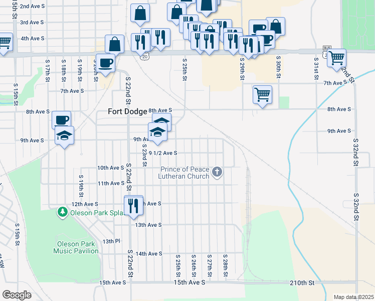 map of restaurants, bars, coffee shops, grocery stores, and more near 922 South 26th Street in Fort Dodge