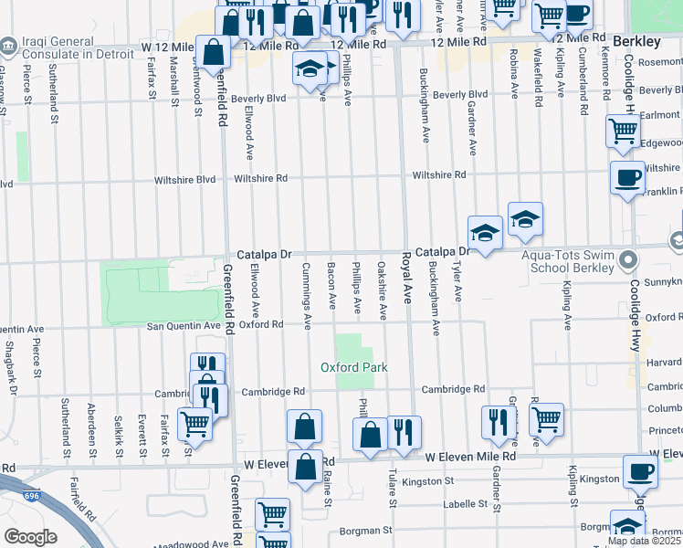 map of restaurants, bars, coffee shops, grocery stores, and more near 2482 Bacon Avenue in Berkley