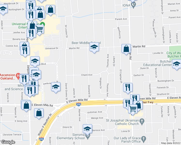 map of restaurants, bars, coffee shops, grocery stores, and more near 27524 Dowland Street in Warren