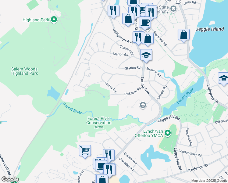 map of restaurants, bars, coffee shops, grocery stores, and more near 3 Surrey Road in Salem