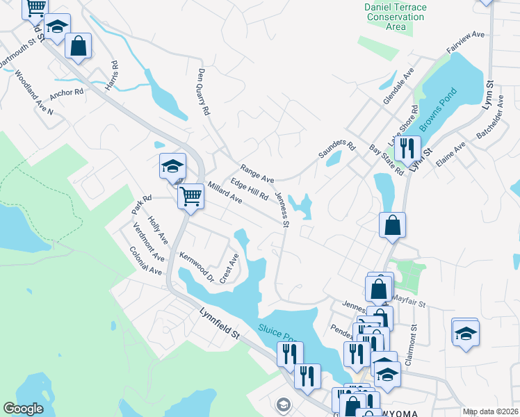 map of restaurants, bars, coffee shops, grocery stores, and more near 86 Millard Avenue in Lynn
