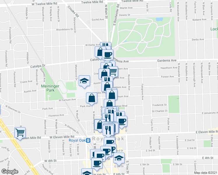 map of restaurants, bars, coffee shops, grocery stores, and more near N Main St & Baldwin Ave in Royal Oak