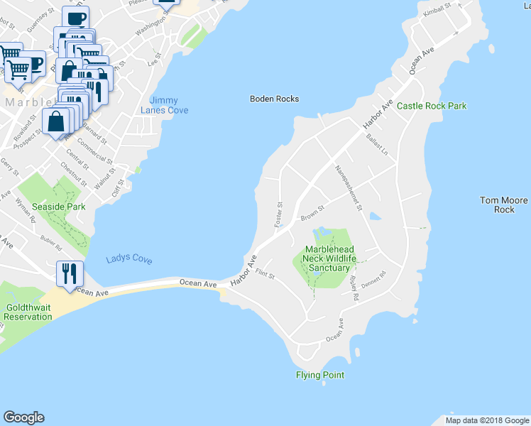 map of restaurants, bars, coffee shops, grocery stores, and more near 6 Foster Street in Marblehead