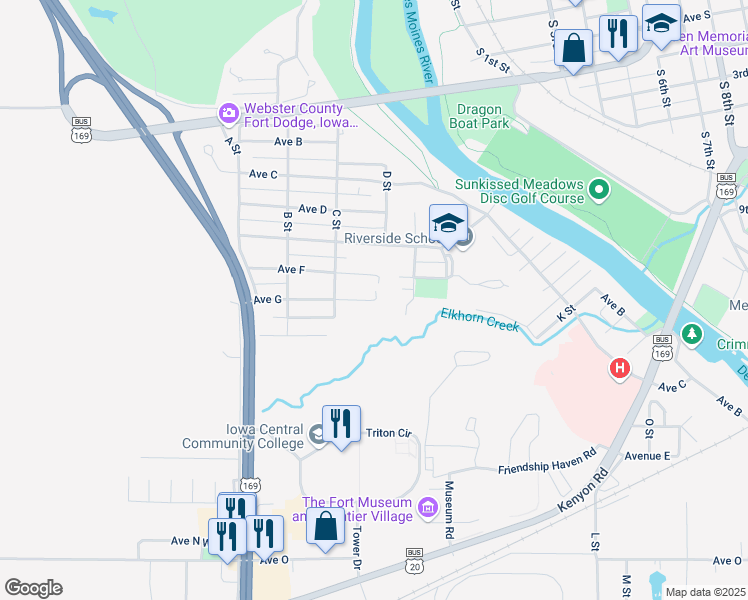 map of restaurants, bars, coffee shops, grocery stores, and more near 399 Ave G in Fort Dodge