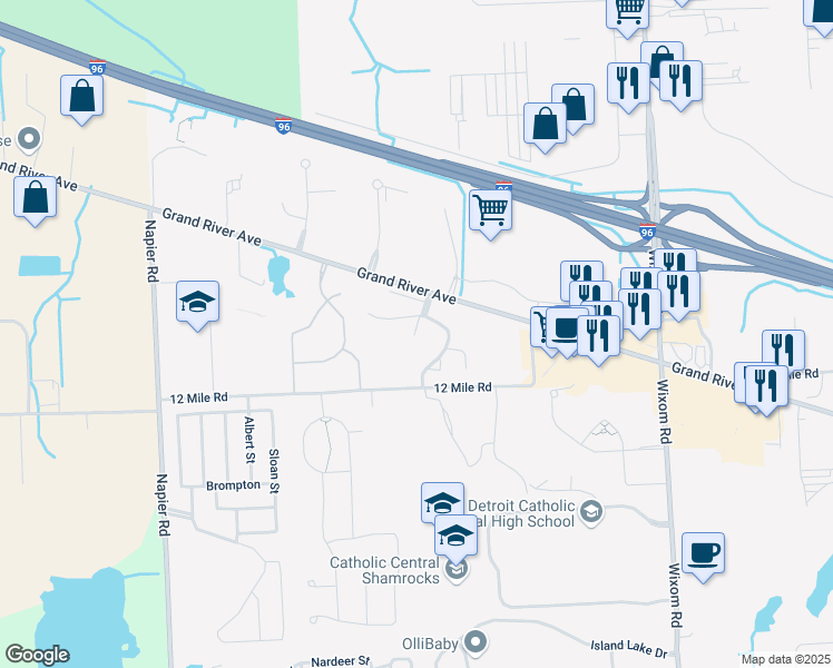 map of restaurants, bars, coffee shops, grocery stores, and more near 50187 Helfer Boulevard in Wixom