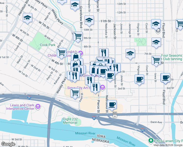 map of restaurants, bars, coffee shops, grocery stores, and more near 401 Douglas Street in Sioux City