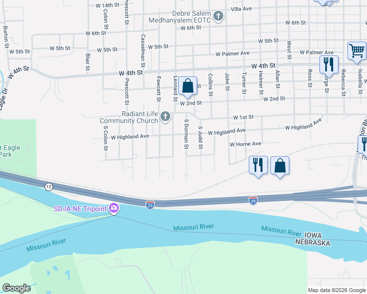 map of restaurants, bars, coffee shops, grocery stores, and more near 201-299 South Dorman Street in Sioux City