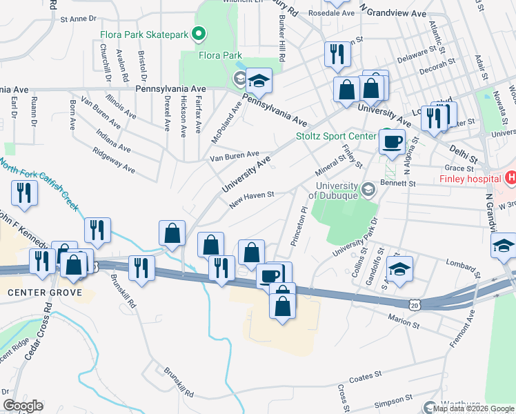 map of restaurants, bars, coffee shops, grocery stores, and more near 2655 Mineral Street in Dubuque