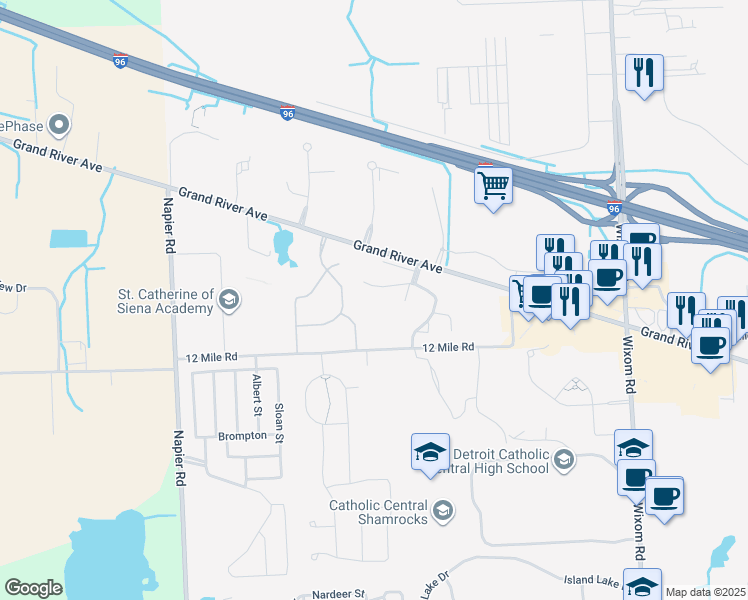 map of restaurants, bars, coffee shops, grocery stores, and more near 50343 Helfer Boulevard in Wixom