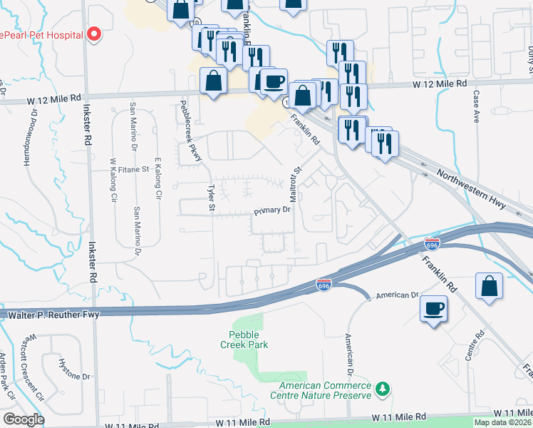 map of restaurants, bars, coffee shops, grocery stores, and more near 26597 Primary Drive in Southfield