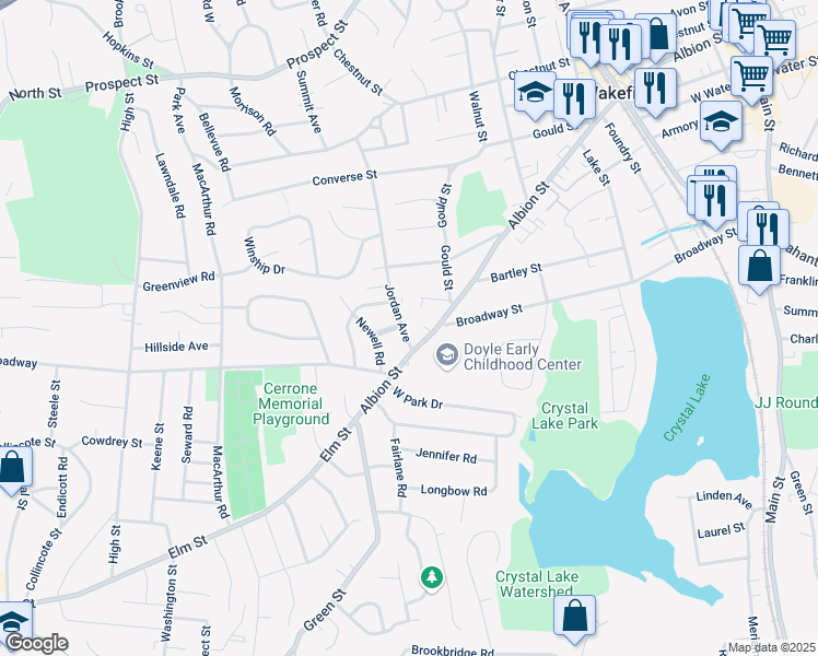 map of restaurants, bars, coffee shops, grocery stores, and more near 58 Jordan Avenue in Wakefield