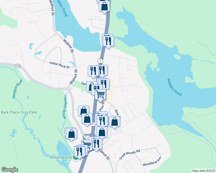 map of restaurants, bars, coffee shops, grocery stores, and more near 13 Hawkes Street in Saugus