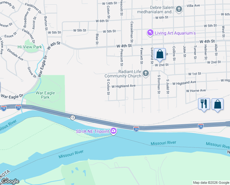 map of restaurants, bars, coffee shops, grocery stores, and more near 209 South Davidson Street in Sioux City
