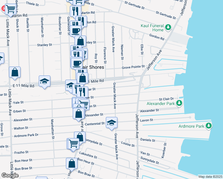 map of restaurants, bars, coffee shops, grocery stores, and more near 22020 Cedar Street in St. Clair Shores