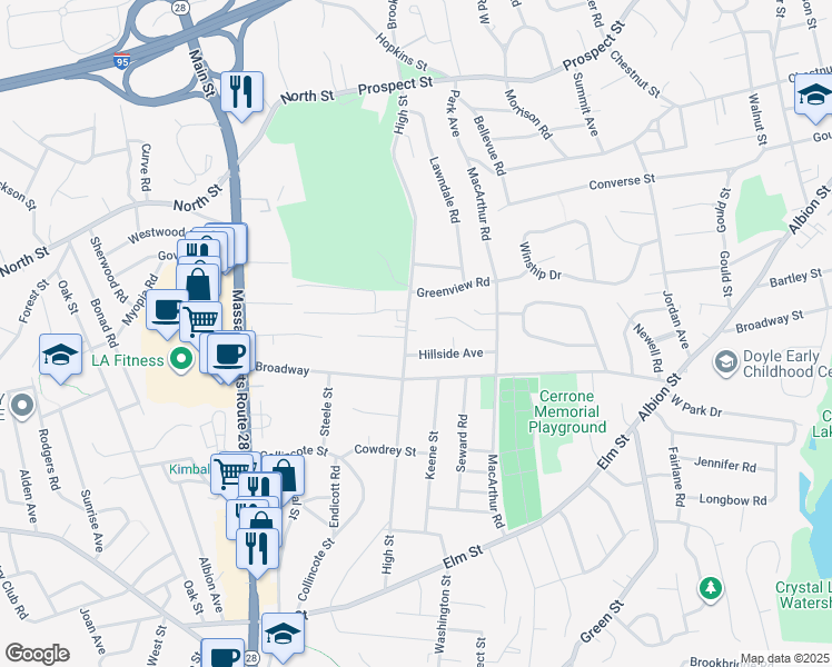 map of restaurants, bars, coffee shops, grocery stores, and more near 65A High St in Stoneham