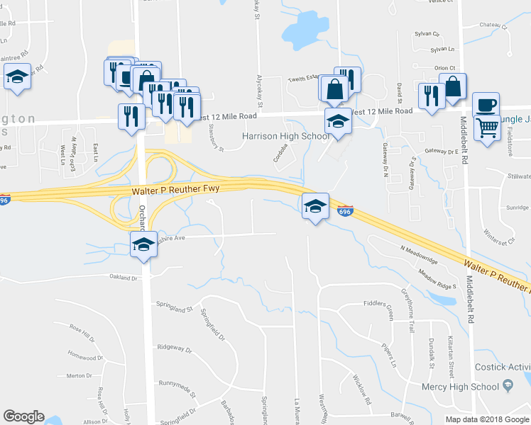 map of restaurants, bars, coffee shops, grocery stores, and more near 27276 Bramwell Street in Farmington Hills